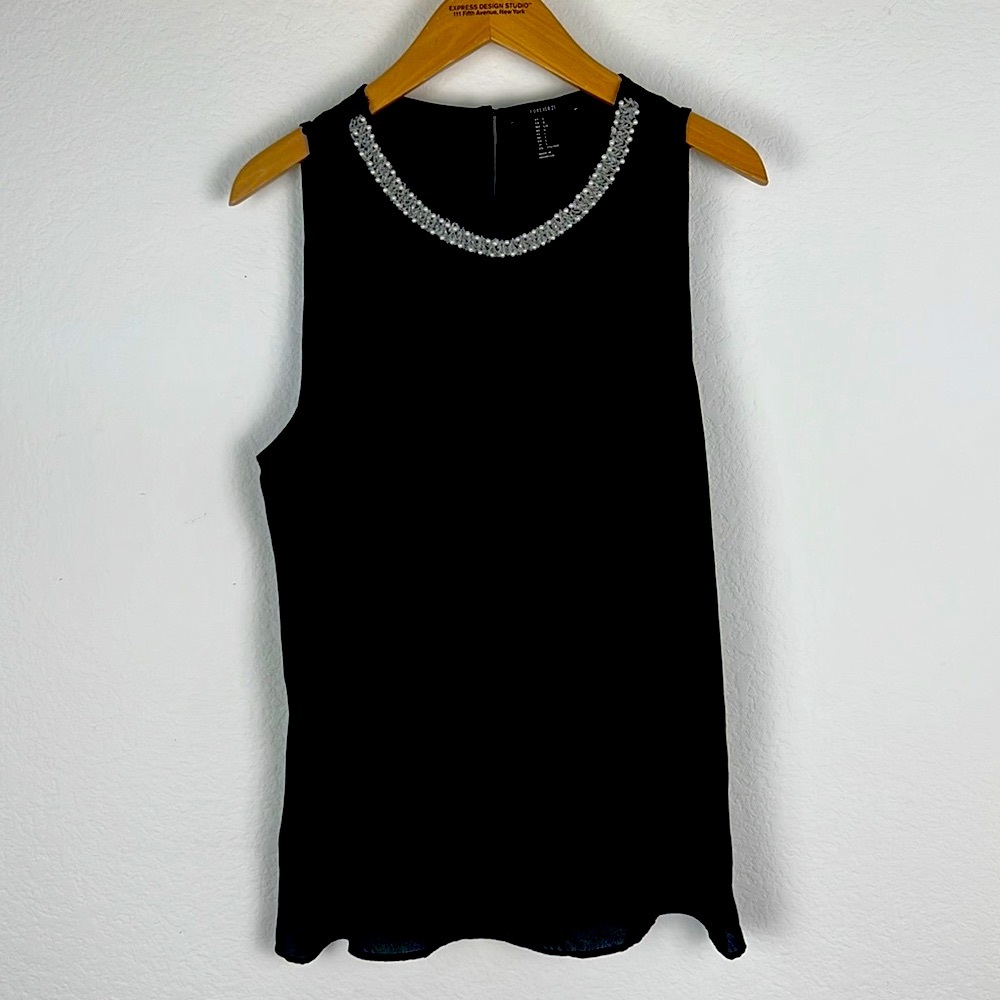 Forever 21 Shirt Blouse Womens Size Large Black Sequin Neckline Dressy Preowned
